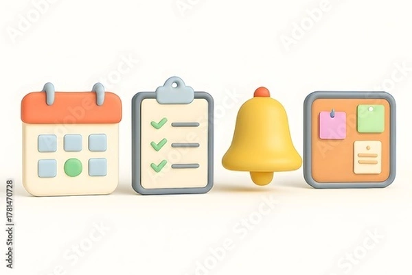 Fototapeta Cute 3d icons representing calendar to do list reminder and bulletin board