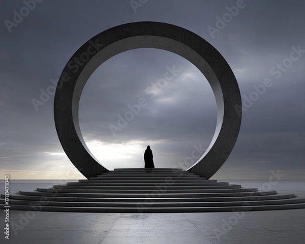 Fototapeta Abstract Concrete Archway With Silhouette Figure At Sunset