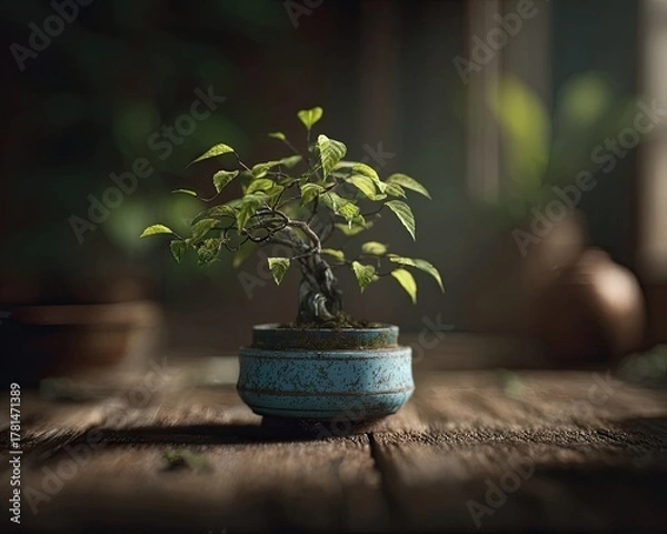 Fototapeta Elegant Bonsai Tree In Blue Pot On Wooden Table