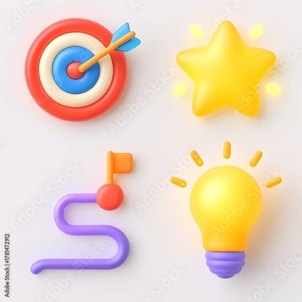 Fototapeta Four 3d icons representing goals achievement success and new ideas on a white background