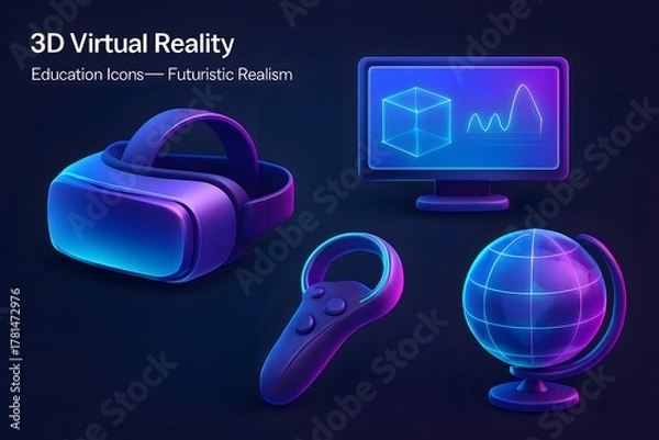 Fototapeta 3d virtual reality technology with vr headset controller monitor and globe