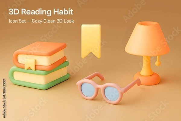 Fototapeta Cozy 3d illustration of reading habit with books lamp and glasses