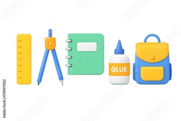 Fototapeta Collection of school supplies including a ruler compass notebook glue and backpack