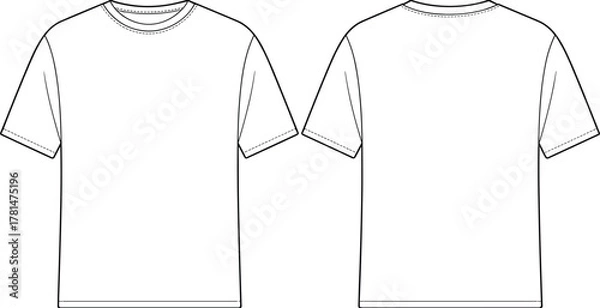 Obraz Technical flat sketch of basic short sleeve t-shirt front and back view, fashion apparel CAD drawing clothing vector illustration design