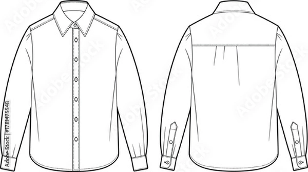 Obraz Technical flat sketch of classic long sleeve button up shirt with collar front and back view, apparel fashion CAD drawing vector illustration