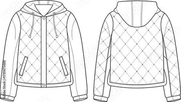 Obraz Untitled-4.aiFashion technical flat sketch of quilted hooded jacket with pockets and zipper, winter apparel design CAD drawing vector illustration