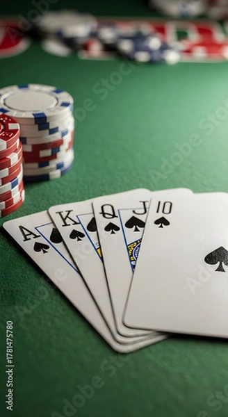 Obraz Royal Flush Poker Hand with Chips on Green Felt Table.