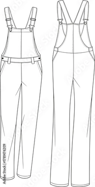 Obraz Women denim overalls technical flat fashion sketch with adjustable straps and pockets, stylish jumpsuit CAD garment vector illustration design