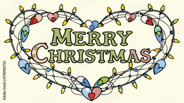 Obraz Heart shaped string of colorful christmas lights with merry christmas text in the center