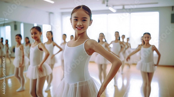 Obraz バレエ教室でポーズを取る笑顔の日本人の女の子