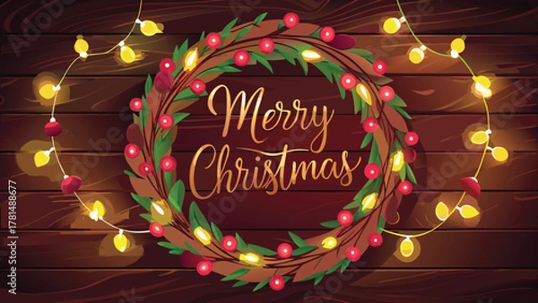 Fototapeta Festive merry christmas wreath with red berries and green leaves illuminated by warm string lights on a wooden background