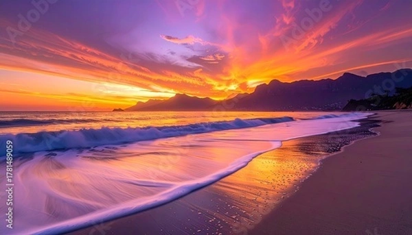 Obraz Vibrant Sunset Over a Coastal Beach Reflecting Fiery Orange and Purple Hues on Wet Sand and Gentle Waves
