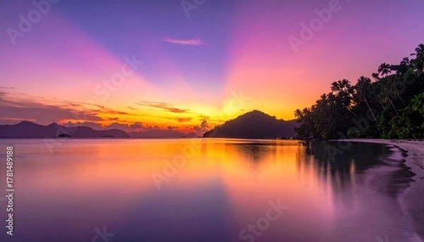 Fototapeta Vibrant Tropical Beach Sunset Over Calm Ocean Water With Silhouetted Palm Trees And Majestic Sun Rays Spreading Through Purple Sky