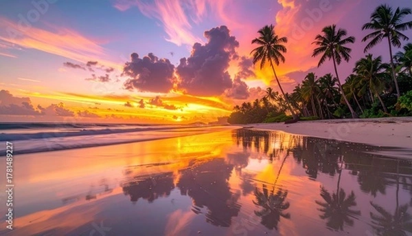 Fototapeta Vibrant Tropical Beach Sunset With Palm Trees And Reflection In Calm Water Golden Hour Ocean View With Footprints Leading To The Sea