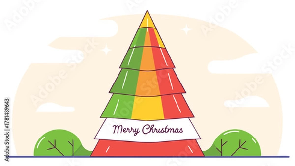 Fototapeta Stylized flat design christmas tree with colorful layers and merry christmas text on a pale background