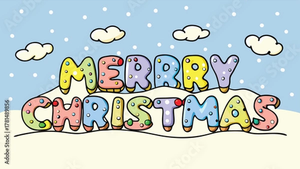 Obraz Whimsical merry christmas greeting with colorful candy letters and falling snow against a winter sky