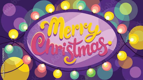 Obraz Festive merry christmas greeting with colorful string lights and bokeh effect on a purple background