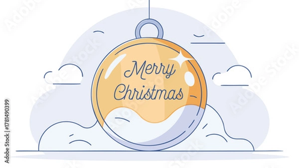 Fototapeta Festive merry christmas greeting inscribed on a hanging golden bauble with stylized clouds and snow drifts