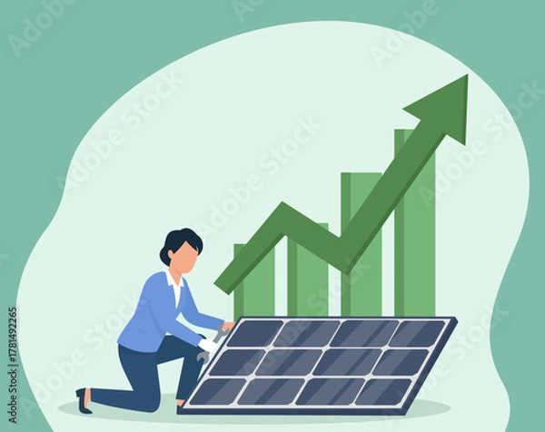Obraz Businesswoman Installing Solar Panel Amid Rising Green Growth Chart, Renewable Energy, Sustainable Development, Solar Power Installation, Business Innovation, Environmental Progress