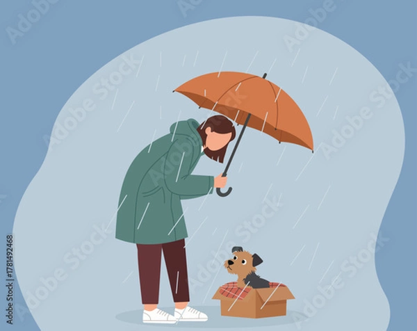 Obraz Woman Sheltering Abandoned Puppy Under Umbrella in Rainy Weather, Compassionate Act, Animal Rescue, Rainy Day Protection, Kindness to Stray Dog, Umbrella Shelter