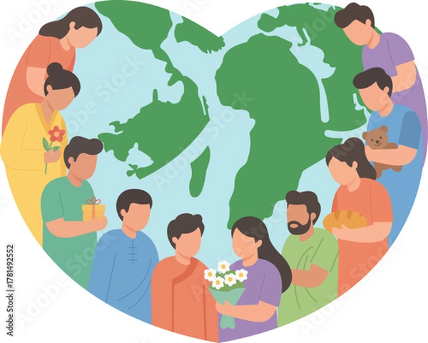 Obraz Heart-Shaped Earth Embraced by Diverse Global Community in Unity and Love, Global Unity, Cultural Diversity, Planetary Love, Community Harmony, Environmental Care