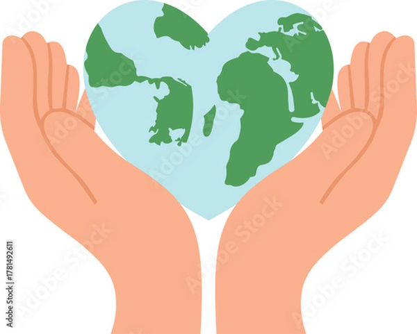Obraz Hands Cradling Heart-Shaped Earth Globe in Flat Vector Illustration, Global Love, Earth Protection, Environmental Care, Sustainability, Planetary Unity