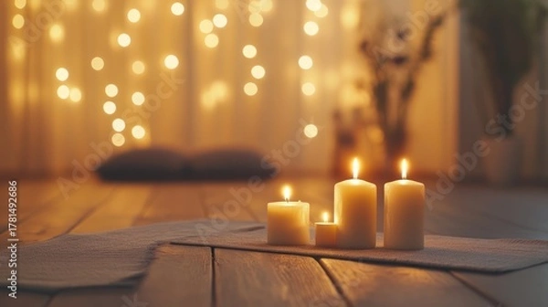 Obraz a tranquil and calming atmosphere created by candlelights in a cozy setting perfect for a relaxing evening or a mindfulness practice