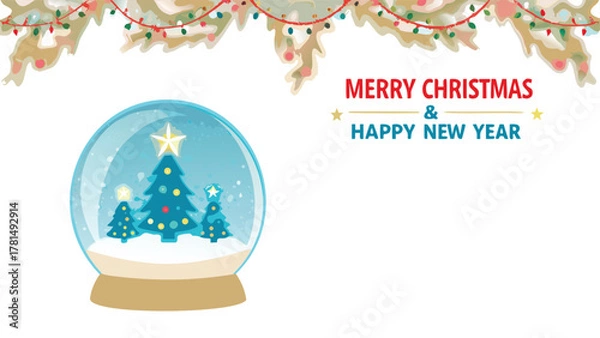 Fototapeta Festive snow globe with christmas trees and merry christmas happy new year greeting surrounded by lights