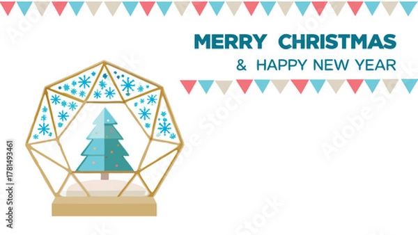 Fototapeta Festive geometric terrarium snow globe with christmas tree and snowflakes celebrating merry christmas and happy new year