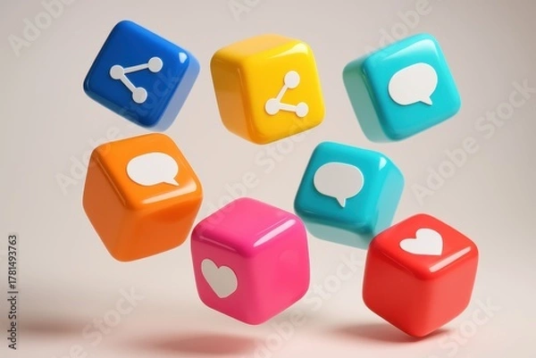 Fototapeta Colorful cubes with generic social media app symbols floating on clean background