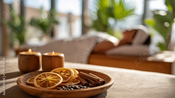 Fototapeta Relaxing Spa Setting with Aromatherapy Elements and Blurred Person
