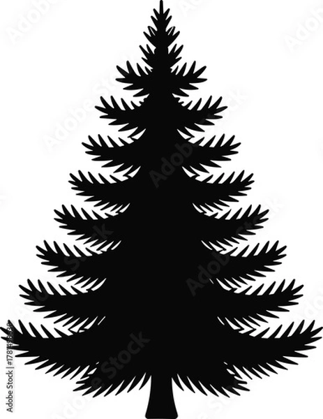 Fototapeta Pine tree silhouette, fir tree icon, evergreen forest symbol, winter nature graphic, holiday vector, black and white, cad drawing flat vector illustration