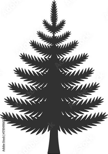 Fototapeta Evergreen tree silhouette, pine fir icon, forest nature graphic, winter holiday symbol, black and white, cad drawing flat vector illustration