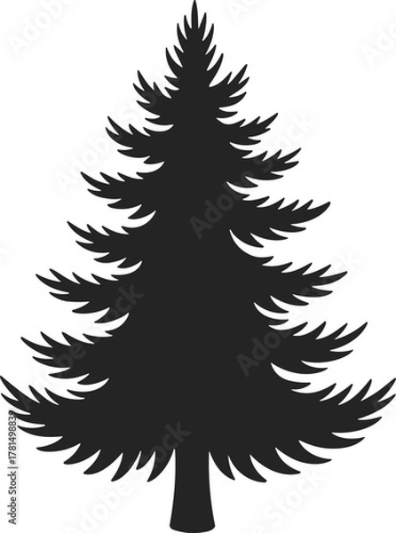 Fototapeta Pine tree silhouette, evergreen forest symbol, winter nature icon, holiday vector, black and white, cad drawing flat vector illustration