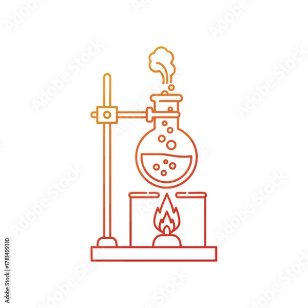 Obraz Chemistry Lab Experiment Icon – Boiling Flask on Stand with Bunsen Burner Vector