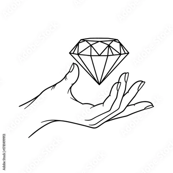 Fototapeta Hand Holding Floating Diamond – Luxury, Value, and Elegance Line Art Illustration