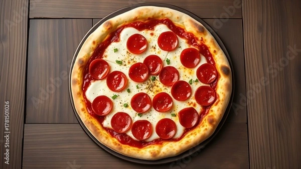 Fototapeta Pepperoni pizza with melted cheese, captured on a rustic wooden background for a delicious appeal.