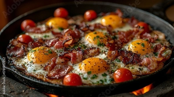 Obraz Cast iron skillet with fried eggs, bacon, and cherry tomatoes.