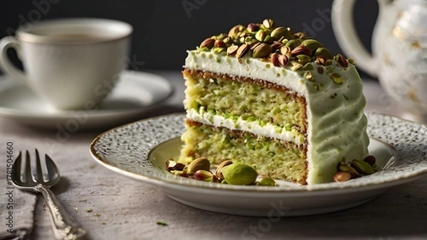 Obraz Slice of pistachio layer cake with cream frosting served with coffee on elegant table