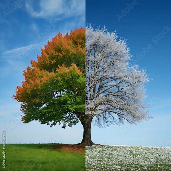 Fototapeta A single tree showcases the stark differences between the vibrant life of summer and the stark, bare beauty of winter.