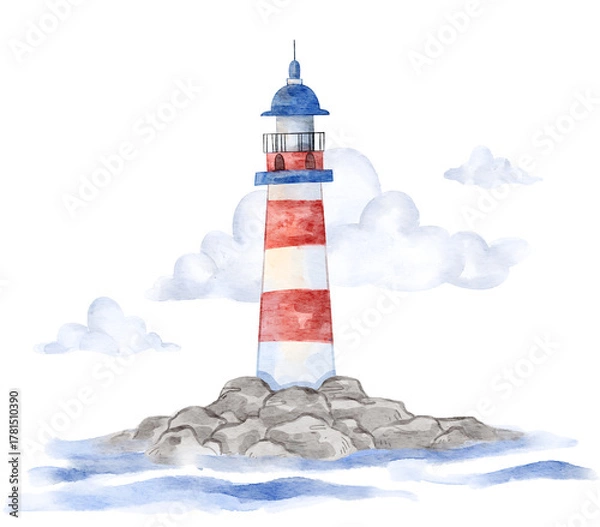 Obraz Lighthouse above the sea with clouds. Watercolor illustration for kid's wall art, and print. 