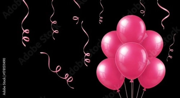 Obraz Bunch of pink balloons and ribbons on black background