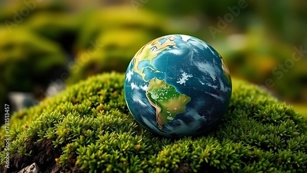 Fototapeta Green planet Earth globe resting on natural moss, environmental conservation theme.
