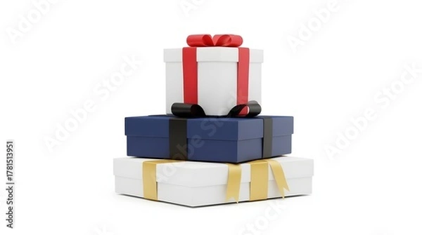 Obraz Stack of three gift boxes isolated on white background, each wrapped in different color and ribbon, creating a festive and celebratory atmosphere