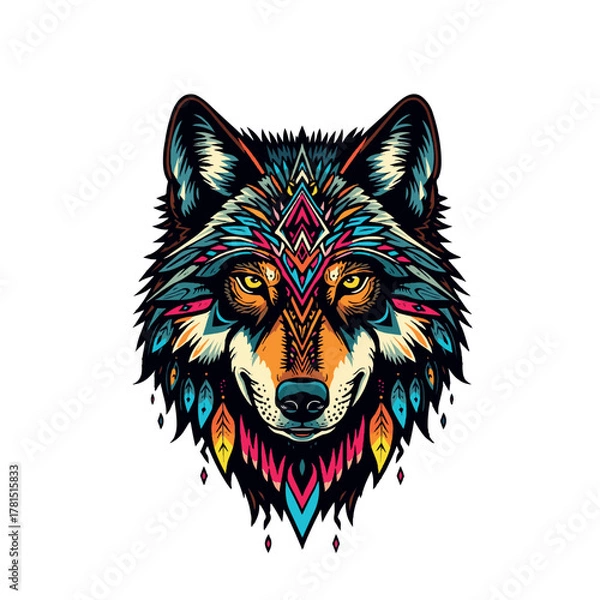 Fototapeta generative AI illustration of a wolf head in a brightly colored geometric tribal style.