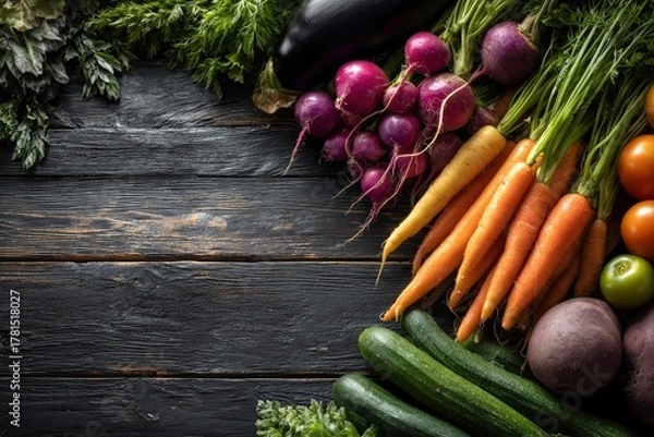 Fototapeta Freshly harvested vegetables arranged on a dark wooden table creating a rustic, organic, and