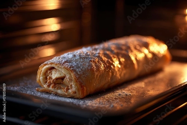 Fototapeta Freshly baked pastry roll with a dusting of powdered sugar sits inside a warm, glowing oven, ready