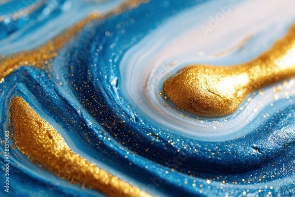 Fototapeta Intricate abstract waves of deep blue hues swirl with rivulets of glistening gold glitter and
