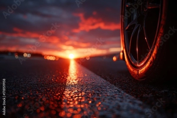 Fototapeta Dramatic close-up of a car tire with a vibrant sunset reflecting on wet pavement, creating a moody
