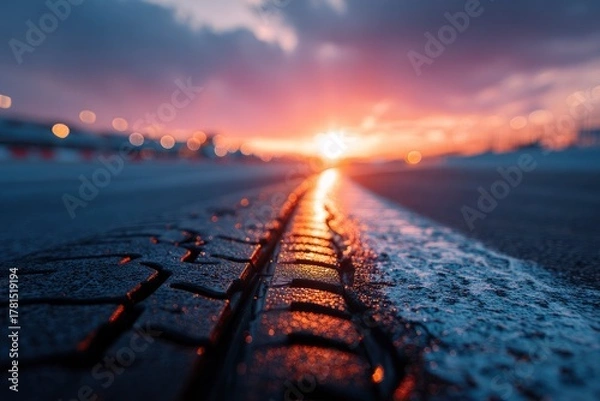 Fototapeta Close-up of a textured dark surface reflecting a vivid sunset, creating a dramatic and atmospheric